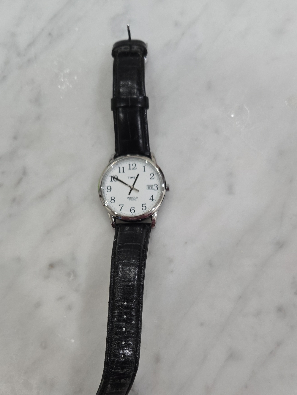 Timex Men's Silver Case Watch with Black Leather Strap